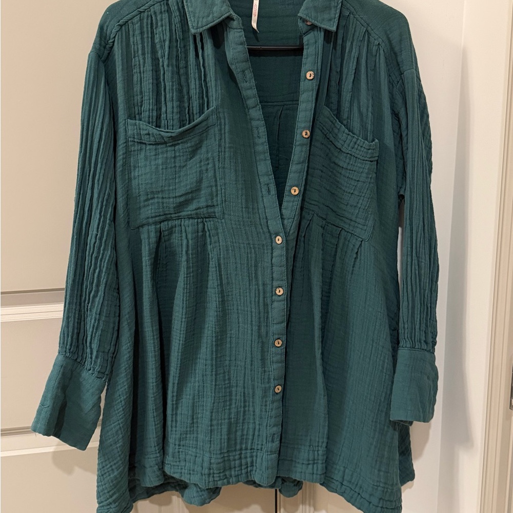 Free People Teal Button-Down Shirt